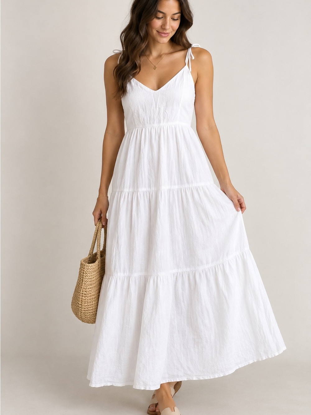 Abercrombie & Fitch White Tiered Tie-Shoulder Maxi Dress